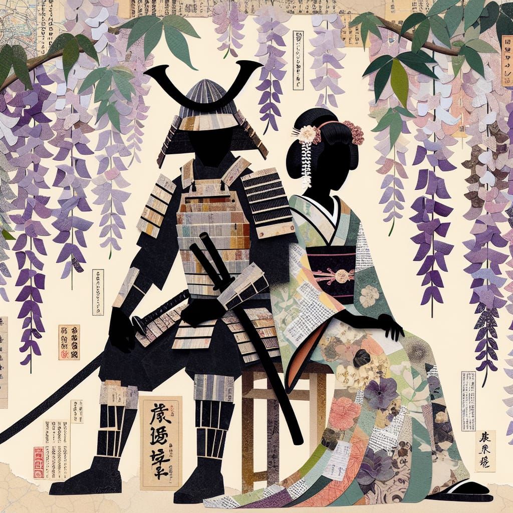 Collage Samurai and Geisha Under Wisteria Tree