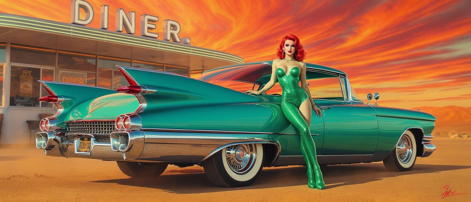 Retro Pin-Up Girl with Cadillac in Desert Diner