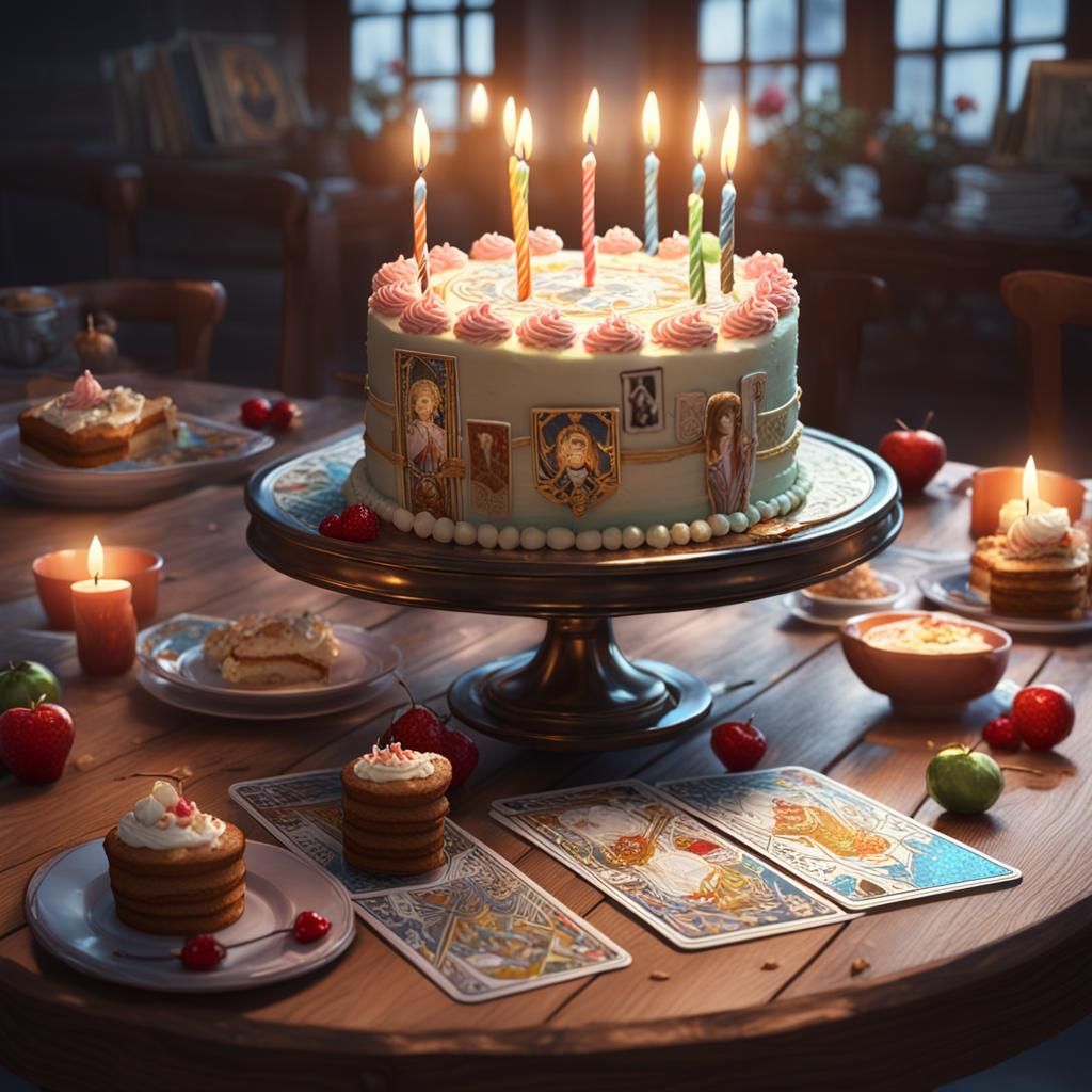 Birthday Cake with Tarot Card in 3D Anime Art