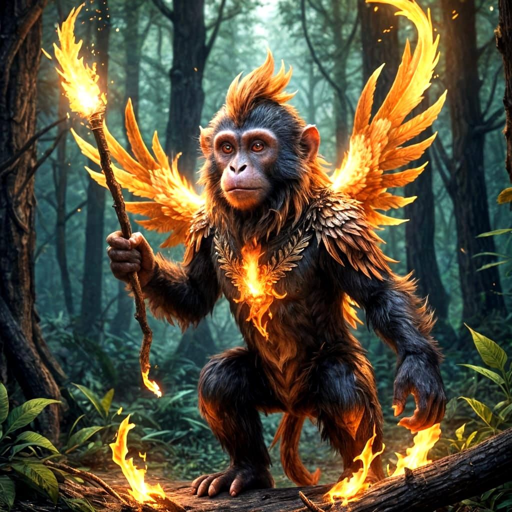 Fantasy Phoenix Monkey in Forest Scene