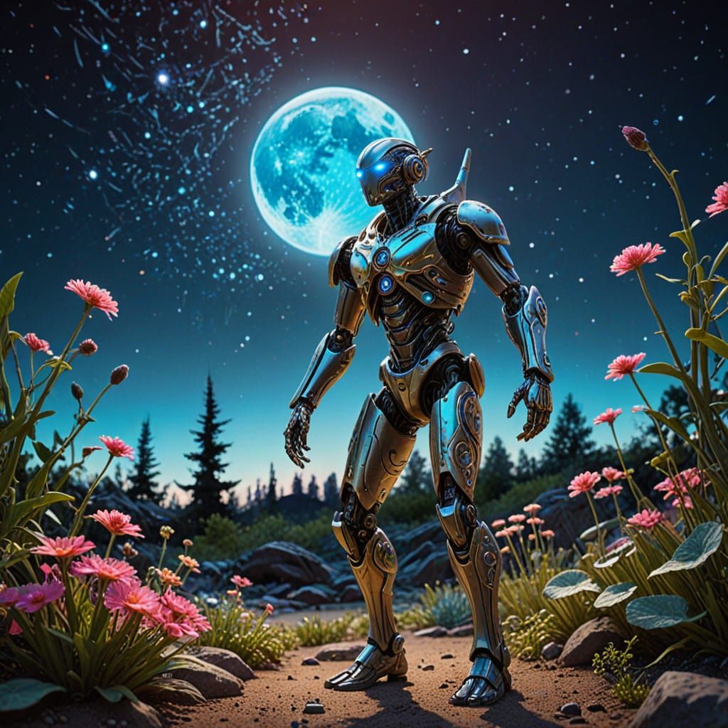 Automaton's Reverie: Bioluminescent Garden on Alien Moon