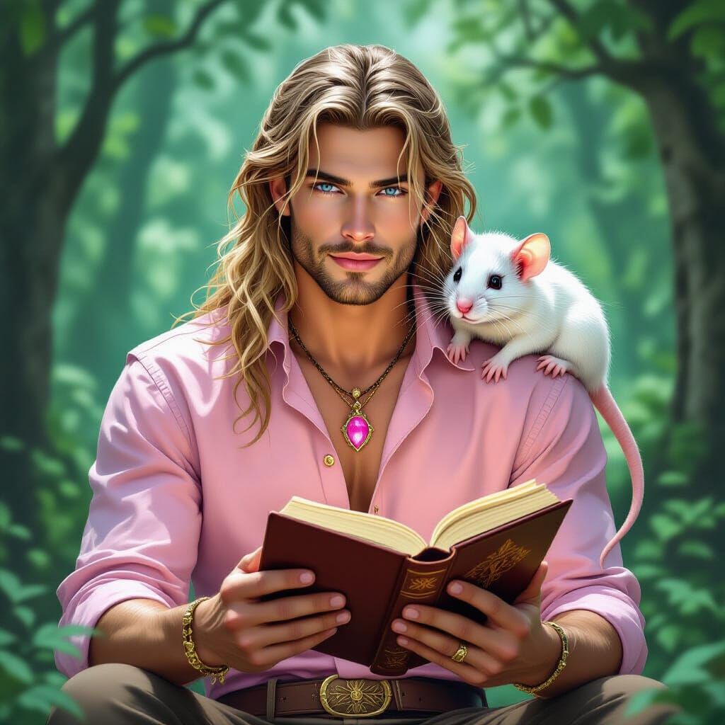 Handsome Young Man Reading in Enchanted Forest