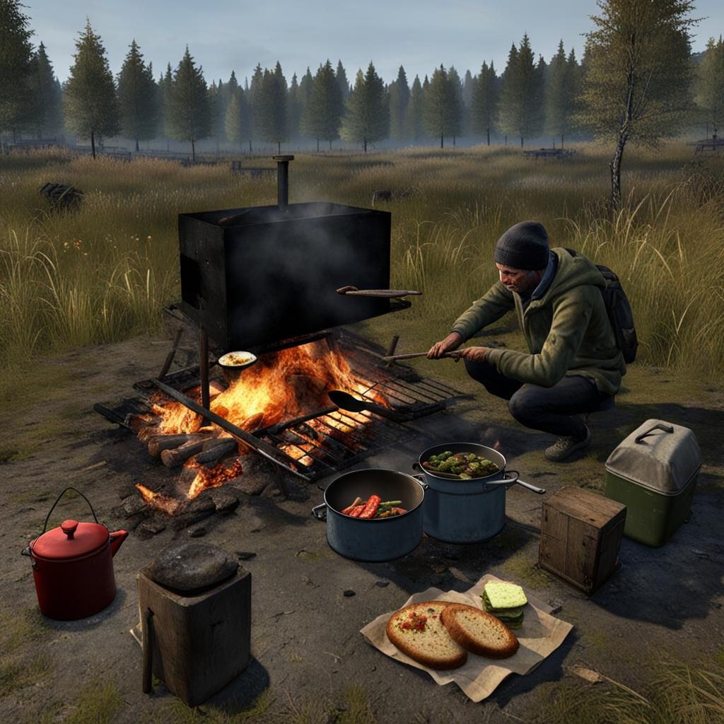 Food Cooking at Campfire Scene