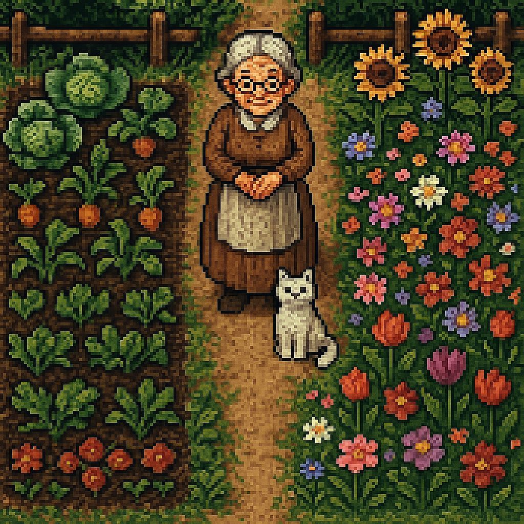 8-Bit Garden Scene with Old Lady and Cat