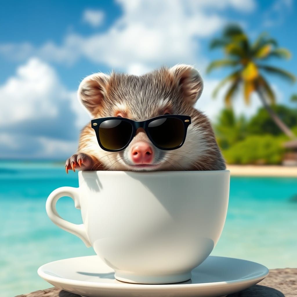 Wombat in Teacup on Tropical Beach