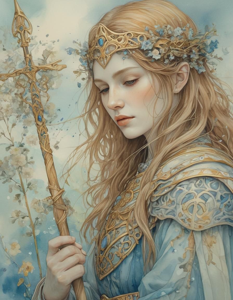 Art Nouveau Priestess with Norse Runes in Watercolor