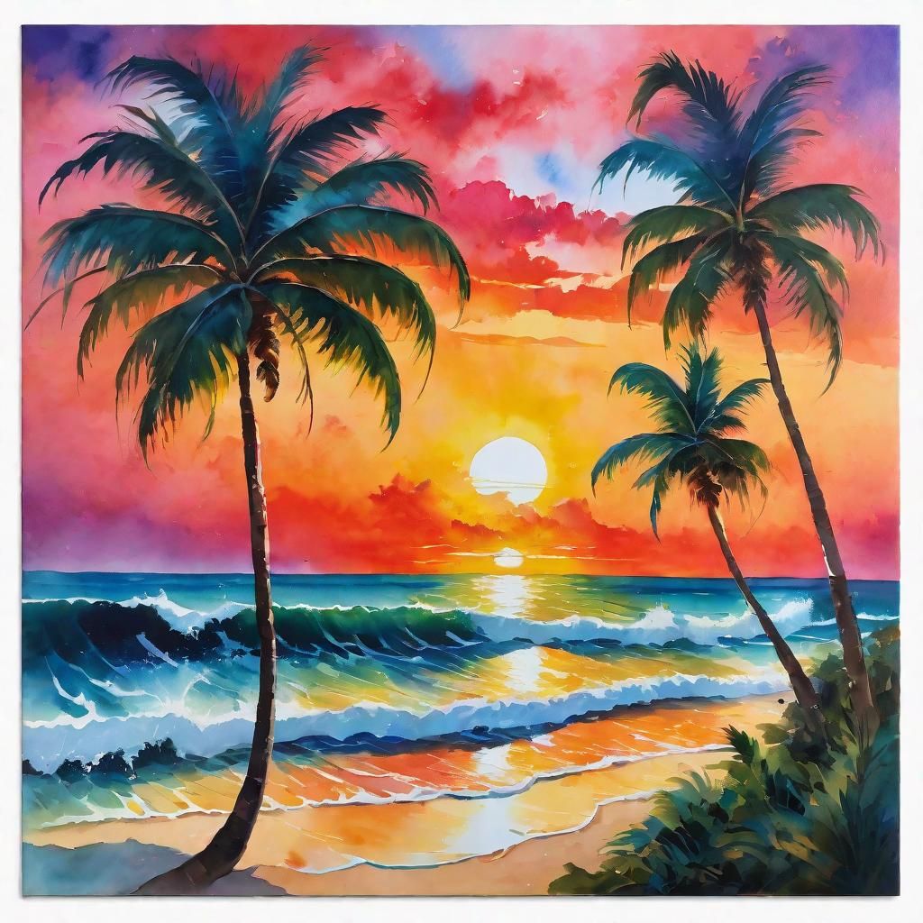 Tropical Sunset Paradise in Gouache and Watercolor