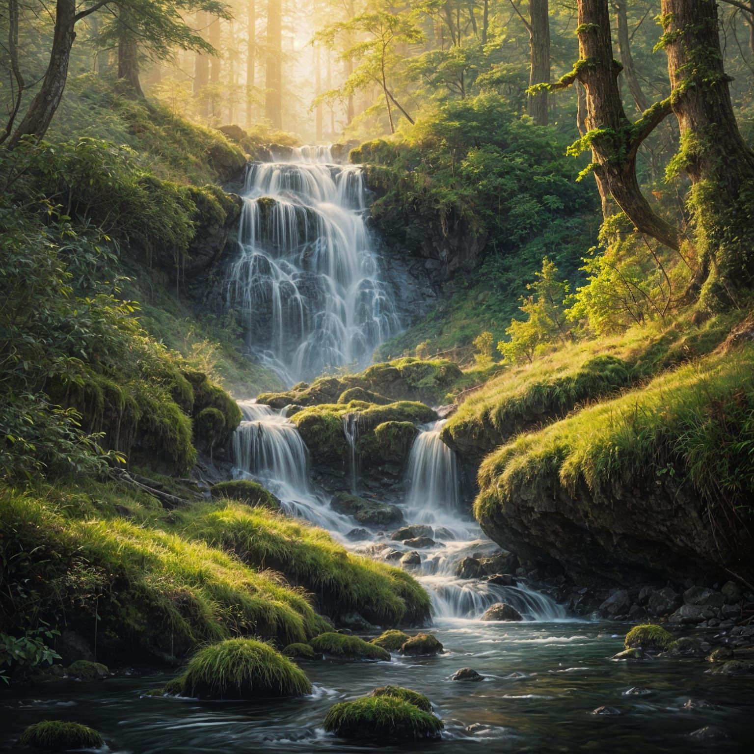Hyperrealistic Waterfall Painting in Cinematic Style