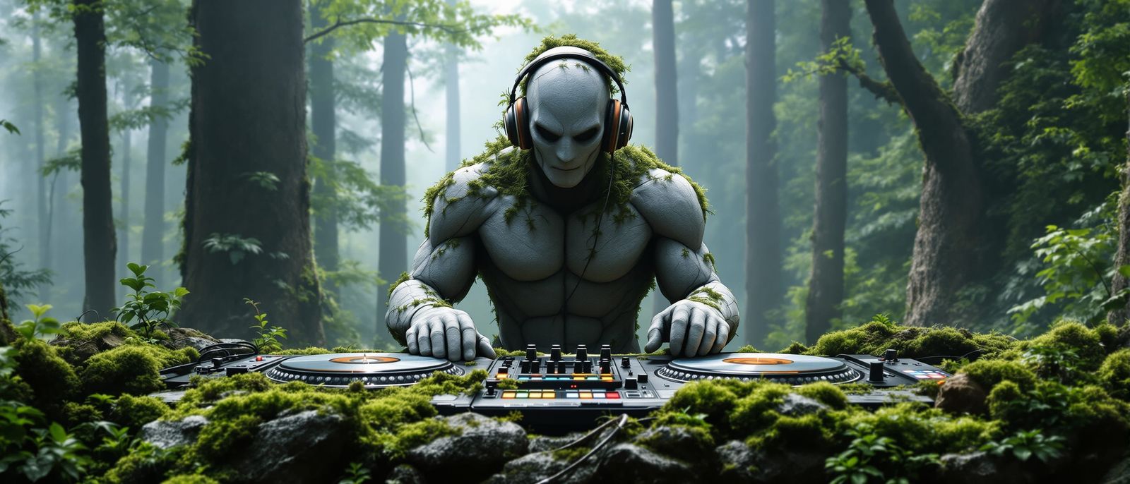 Stone Giant DJ in Forest Landscape