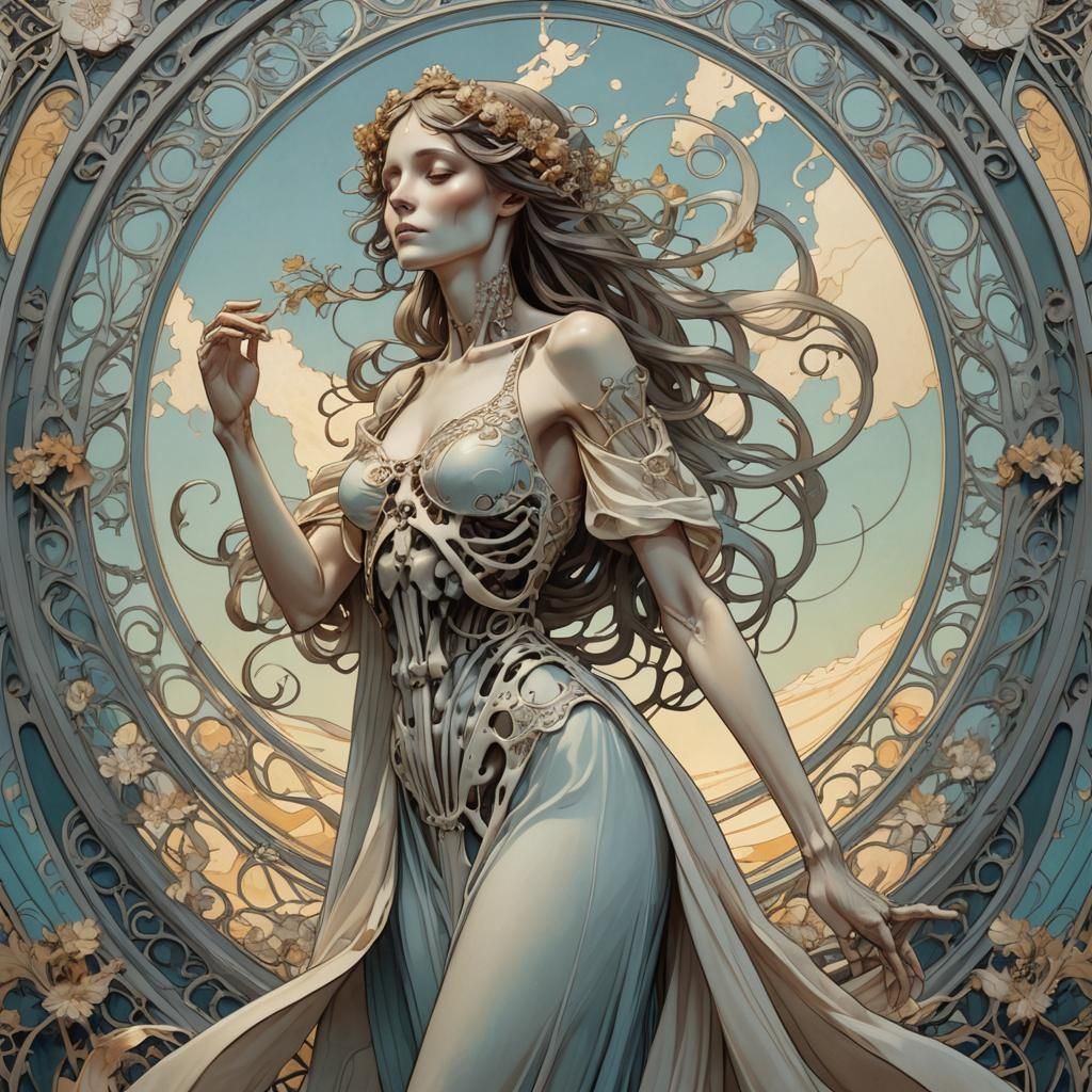 Elegant Skeleton in Art Nouveau Illustration