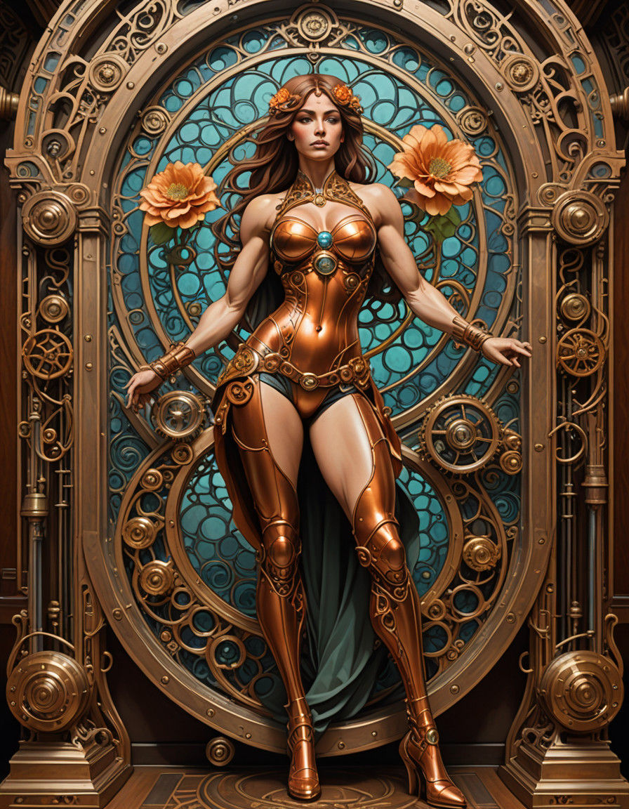 Vibrant Female Bodybuilder in Steampunk Gym, Oil Painting St...