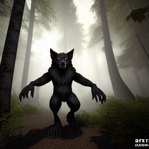Giant Black Werewolf in Dark Woods: 3D Render