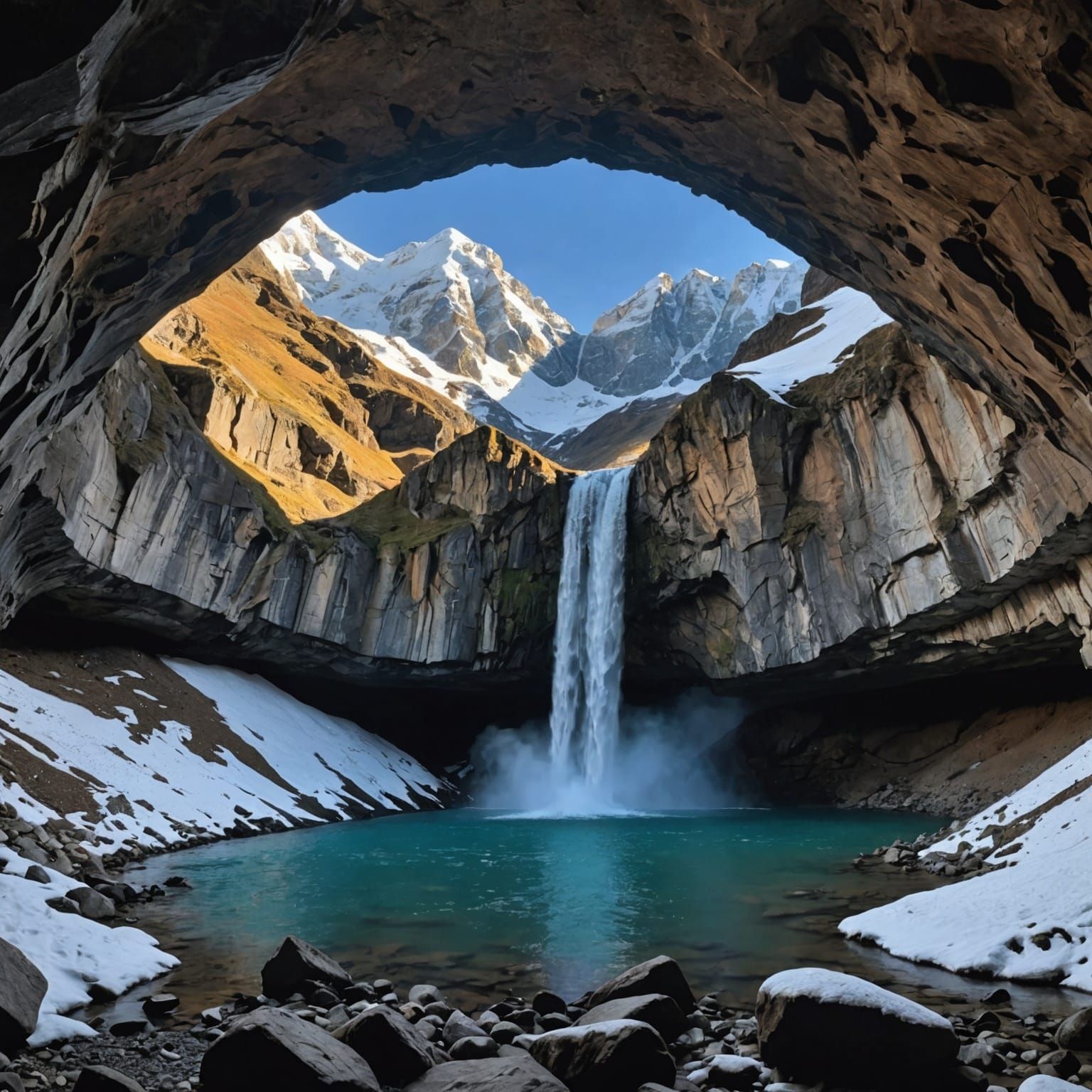 Cave View of Snow Mountain and Waterfall