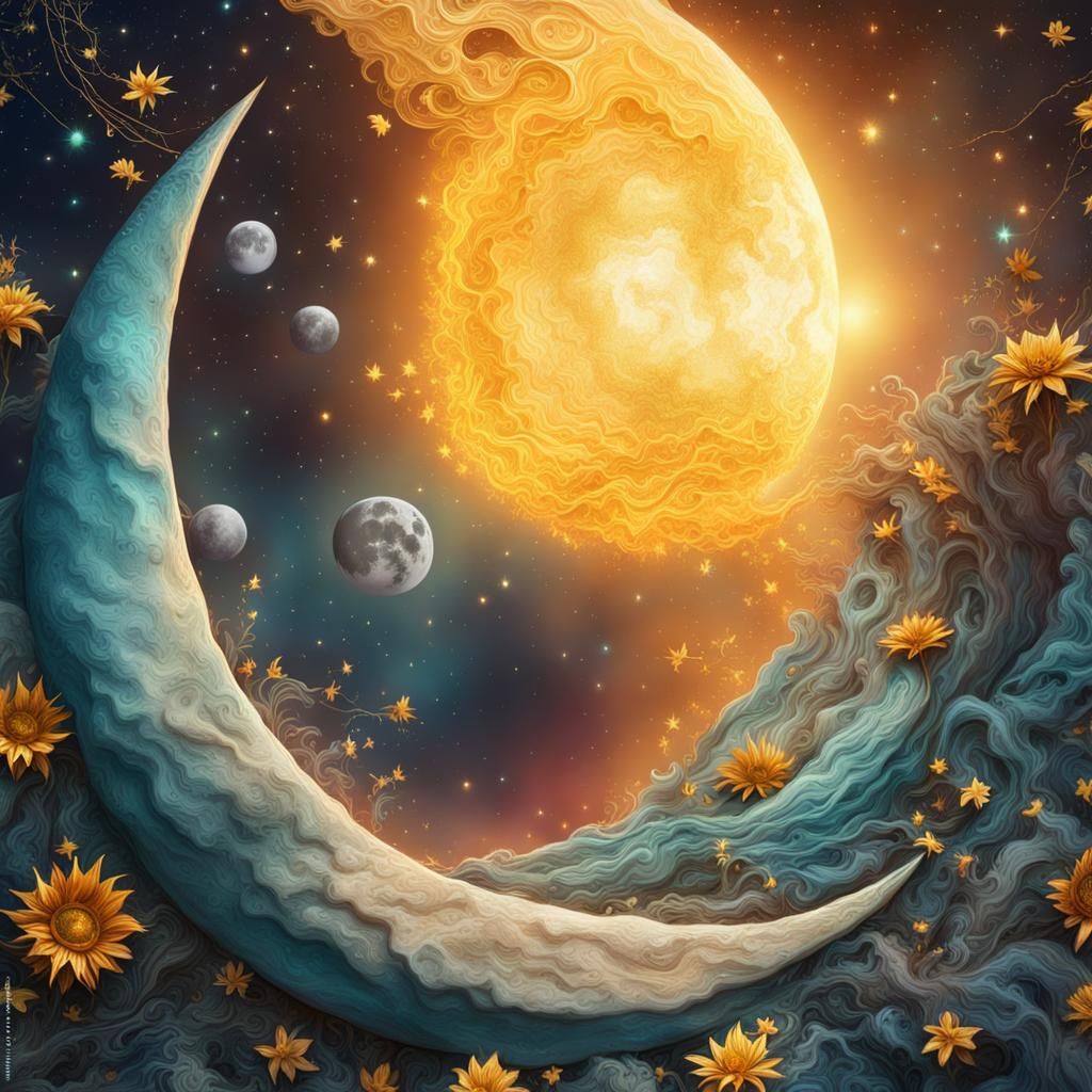 Whimsical Sun, Moon and Stars Matte Painting