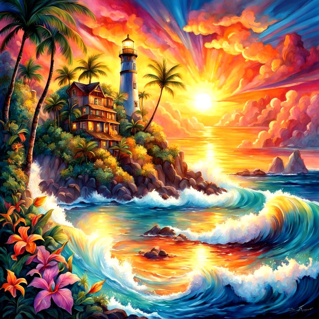 Hawaiian Lighthouse at Sunset with Mystical Aura