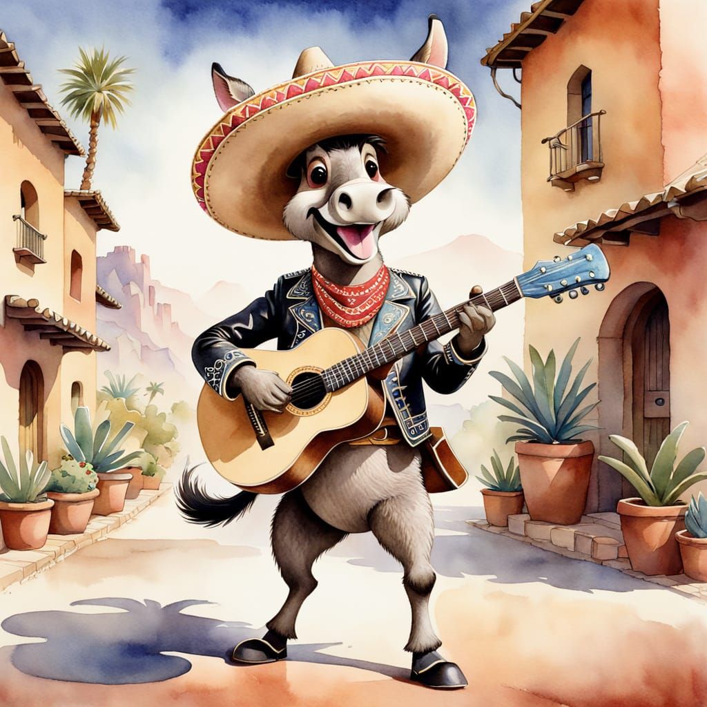 Mariachi Mule in Retro Watercolor Illustration