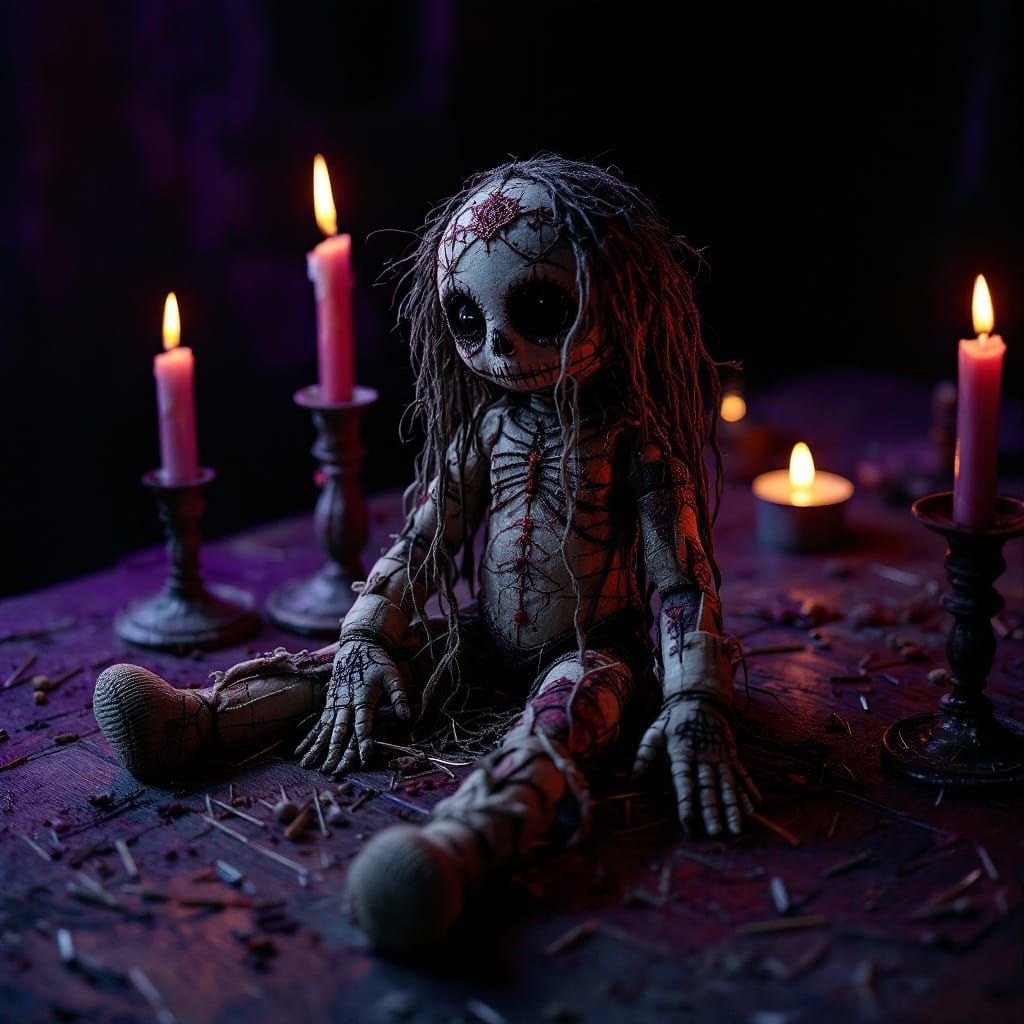 Gothic Voodoo Doll in Eerie Purple Light