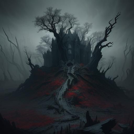 Barren Tree in Dark Fantasy Landscape, Eerie Horror Style