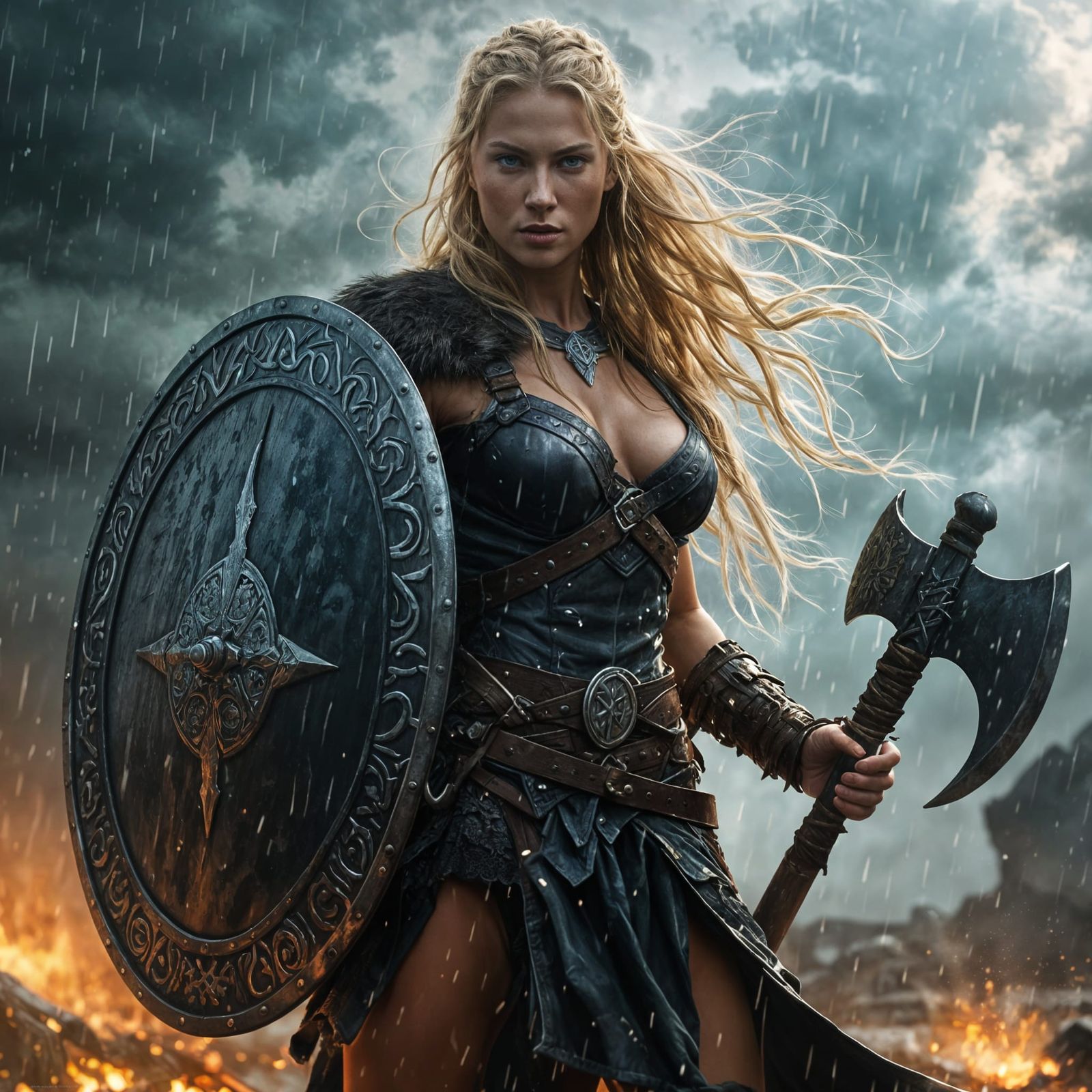 Viking Shieldmaiden with Axe in Storm, Digital Art