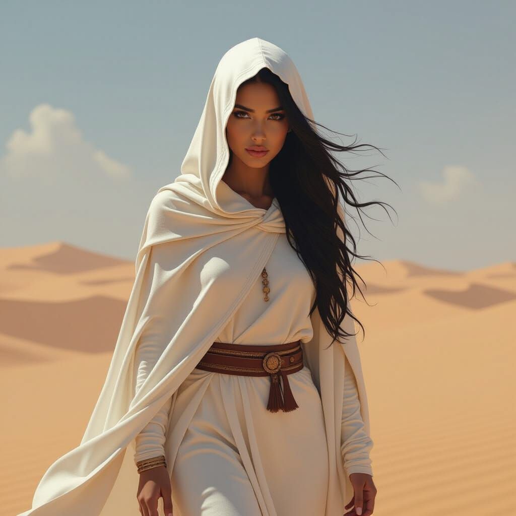 Mystical Woman Walks in Dreamy Desert Landscape