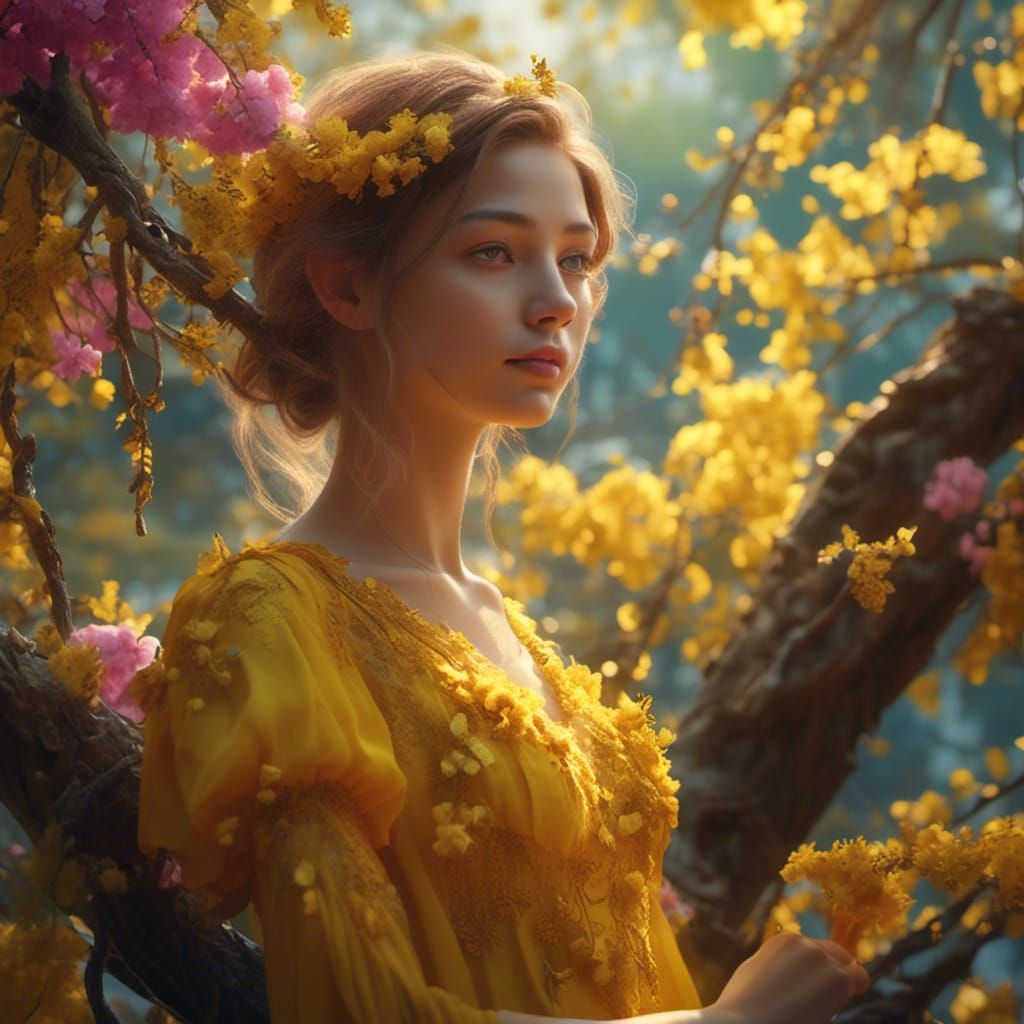 Girl Smelling Flowers in Sunny Park