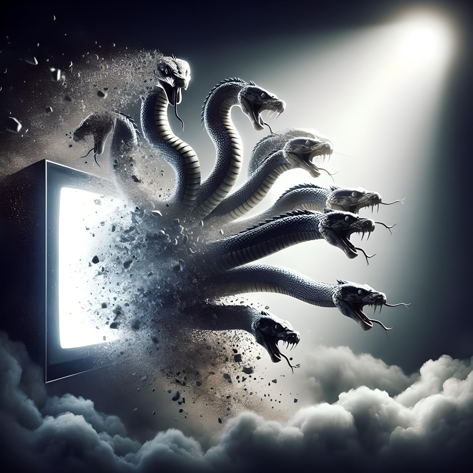 Nine-Headed Hydra Emerges from Television Screen