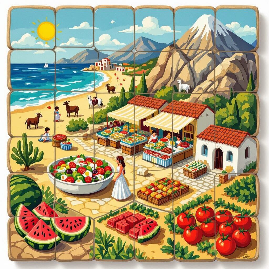 Greek Salad Board Game Tiles in Cartoon Style