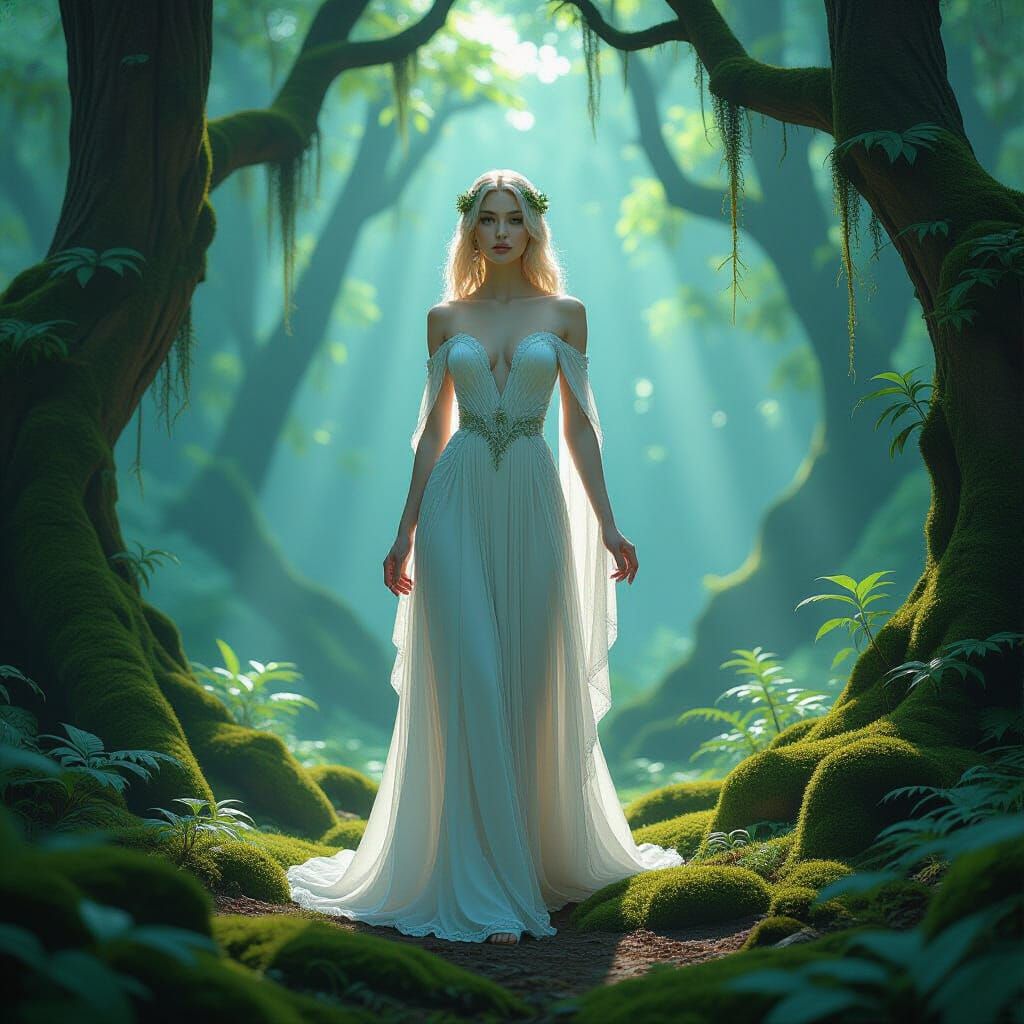 Woman in Bioluminescent Forest, Fantasy Concept Art