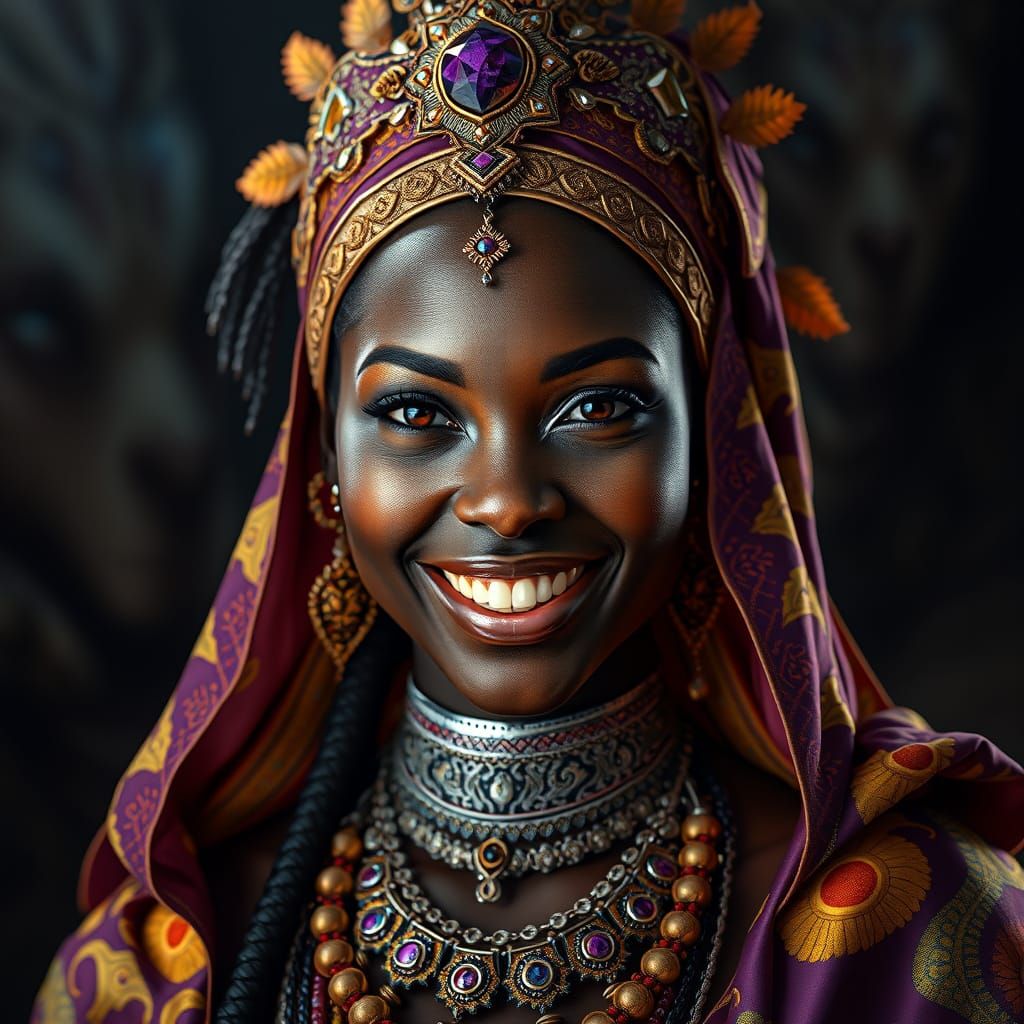 Beautiful Dark Woman in African-Inspired Futuristic Attire