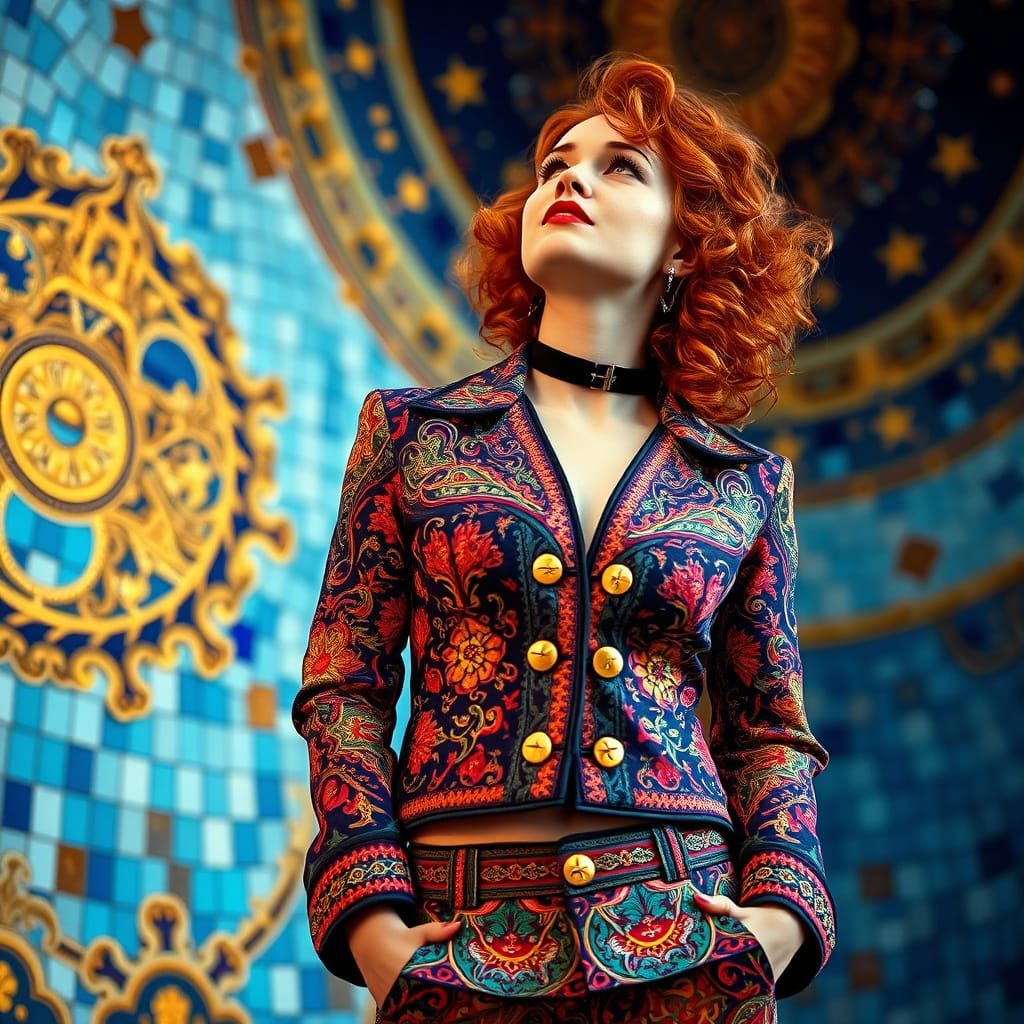Celestial Boho: Woman in Ornate Jacket and Pants