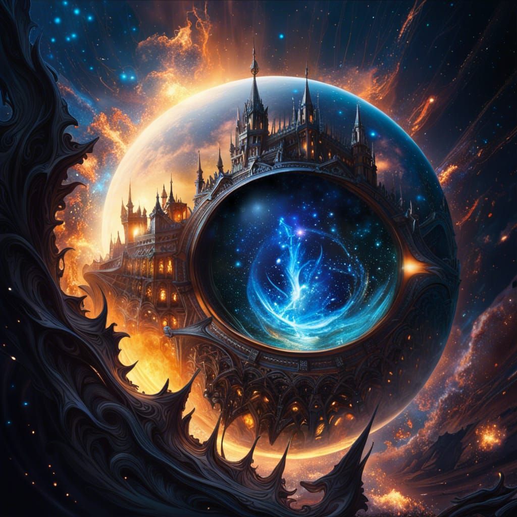 Starry Night Over Cyberpunk Cityscape Reflection