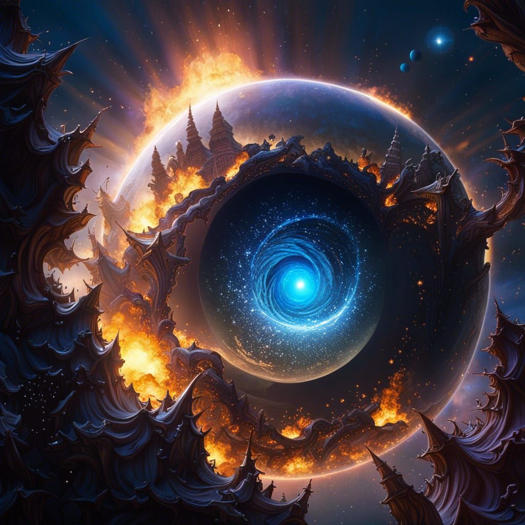 Starry Cyberpunk Cityscape with Exploding Orb