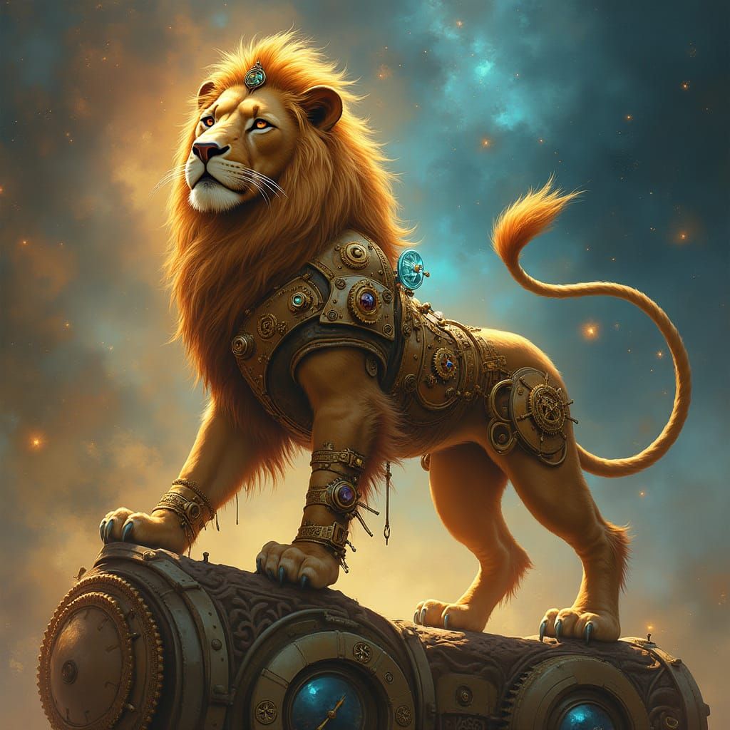Steampunk Lion in Clockwork Nebula