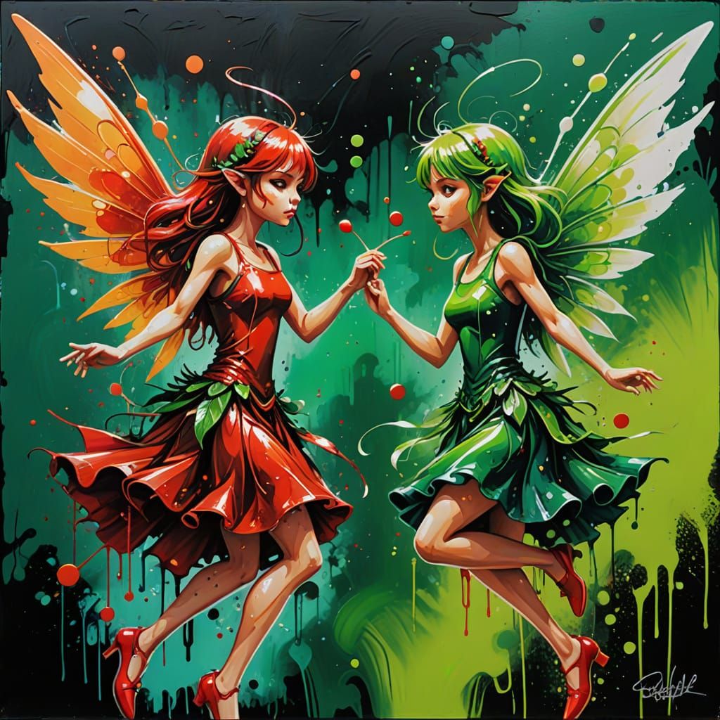 Graffiti Art: Green and Red Fairies Playing