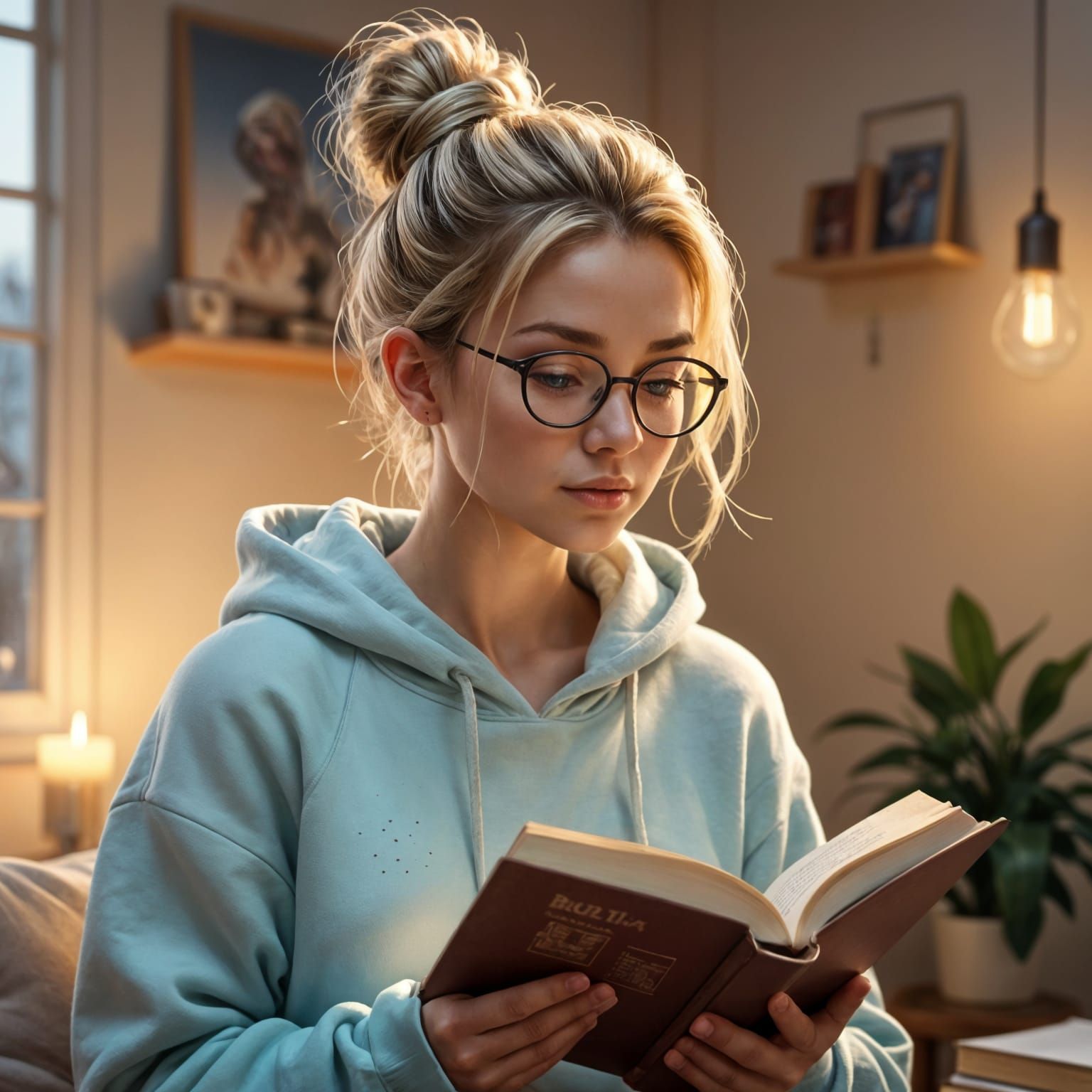 Cozy Digital Portrait of a Young Woman Reading in Soft Paste...