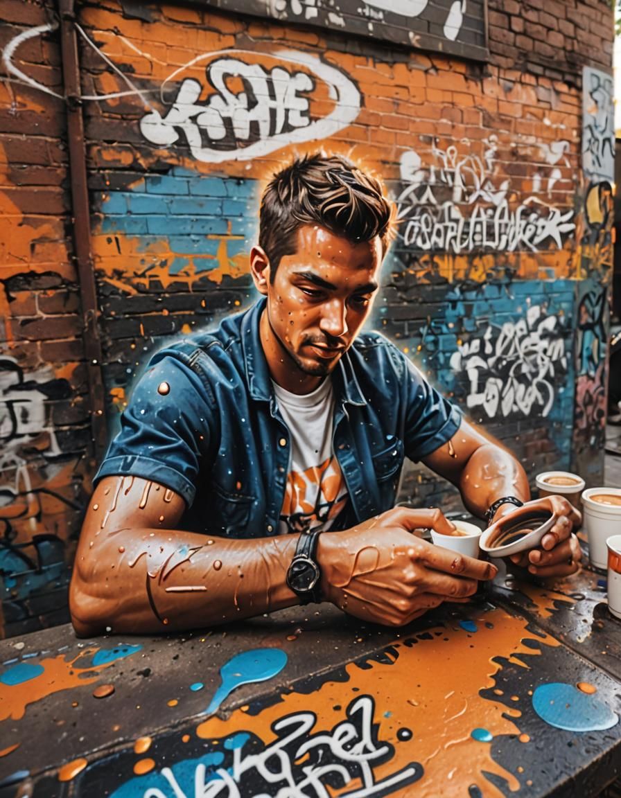 Graffiti Art: Man Drinks Coffee at Dusk