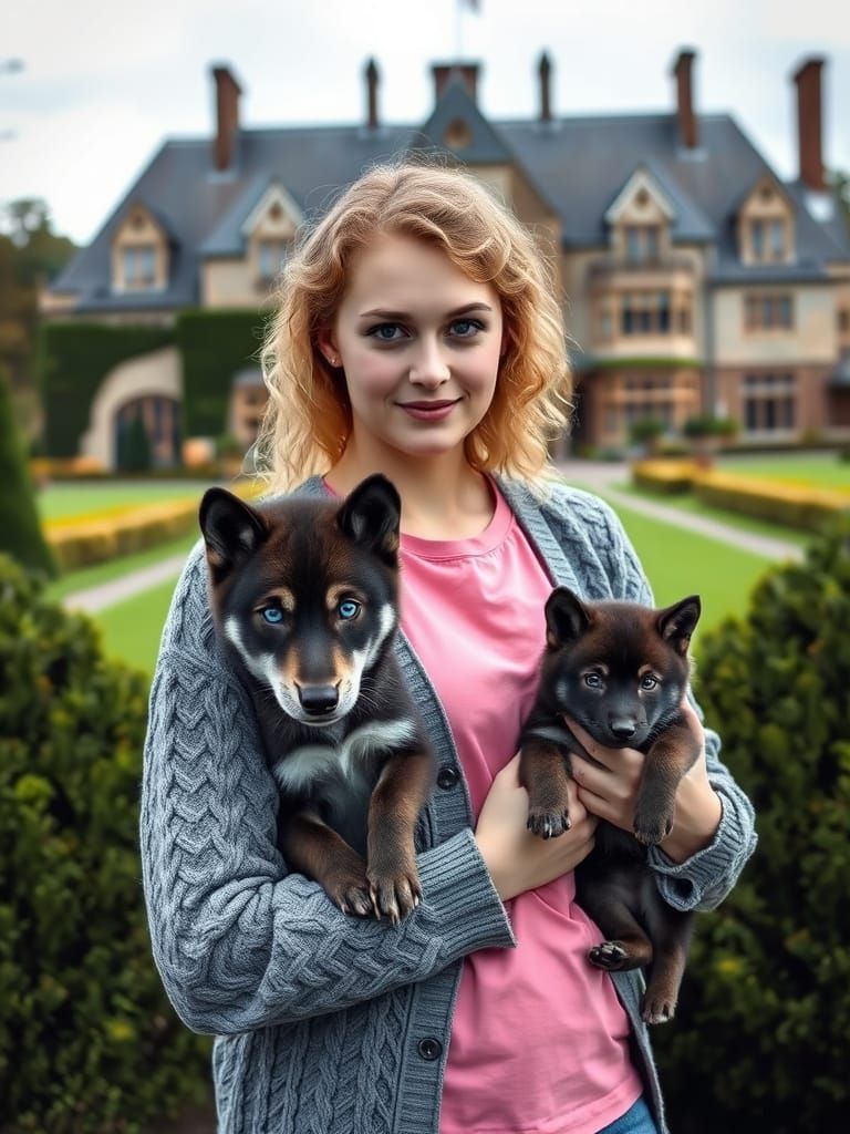 Charming Young Woman and Wolf Pup in English Manor House Gar...