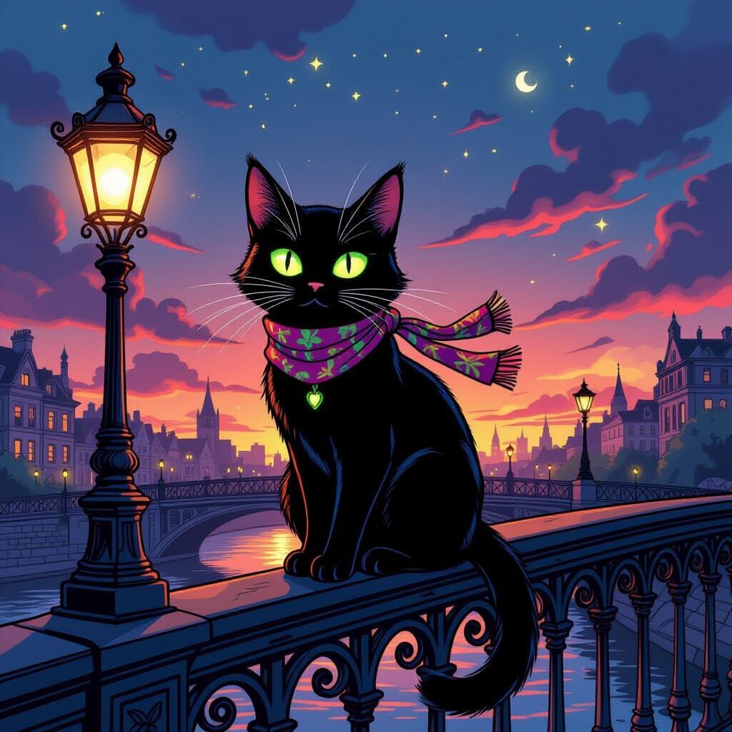 Whimsical Black Cat on Bridge at Twilight in Comic Style