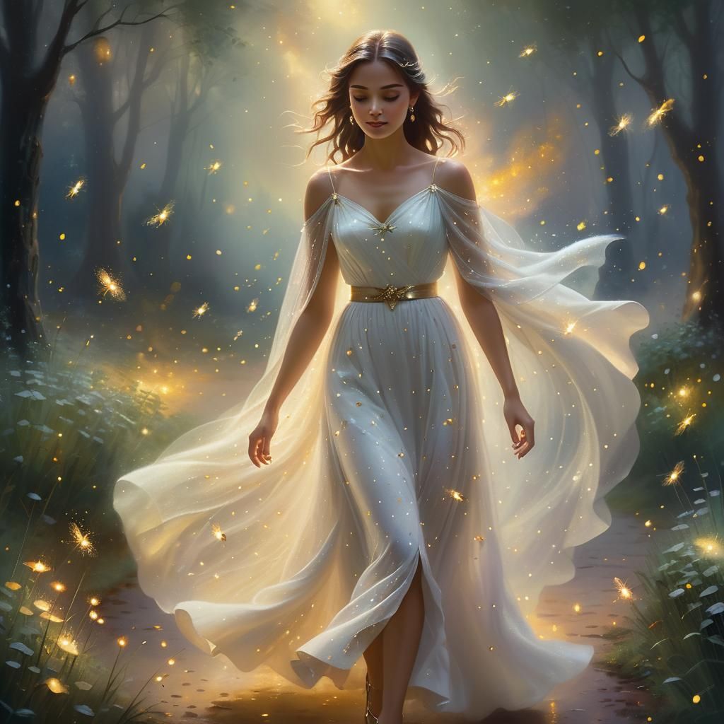 Ethereal Woman in Forest, Romantic Oil Painting
