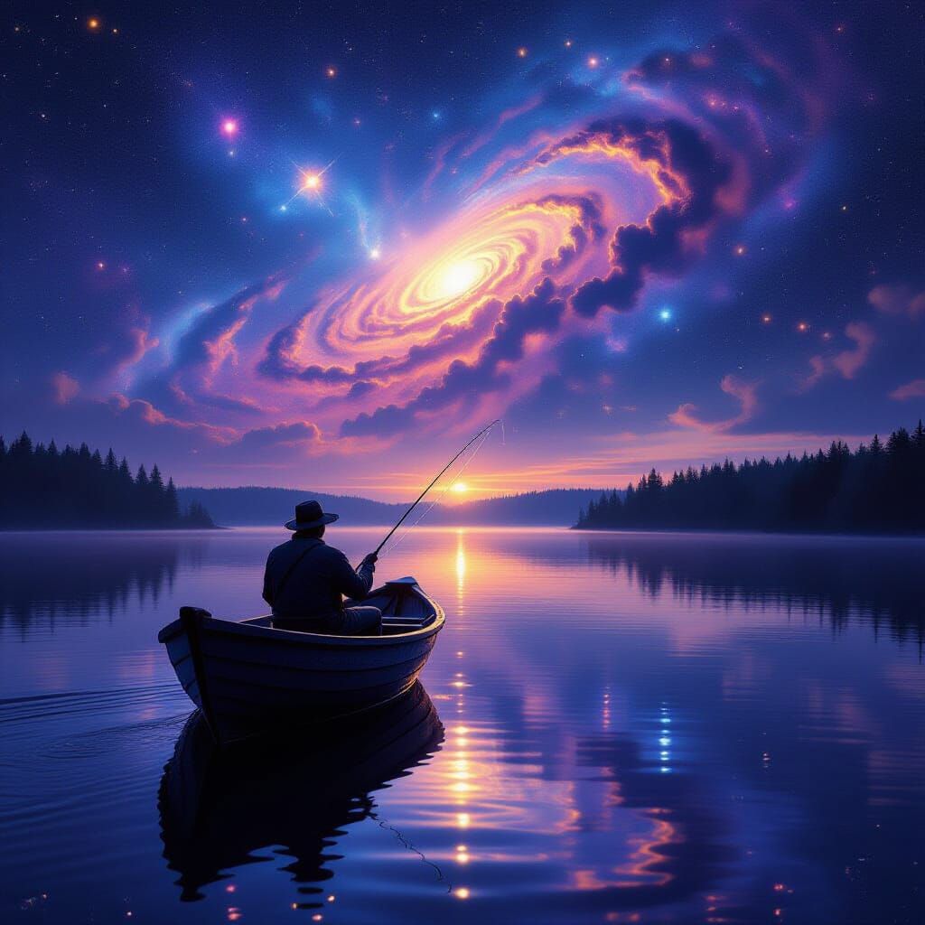 Fisherman's Twilight Catch Under Cosmic Nebula