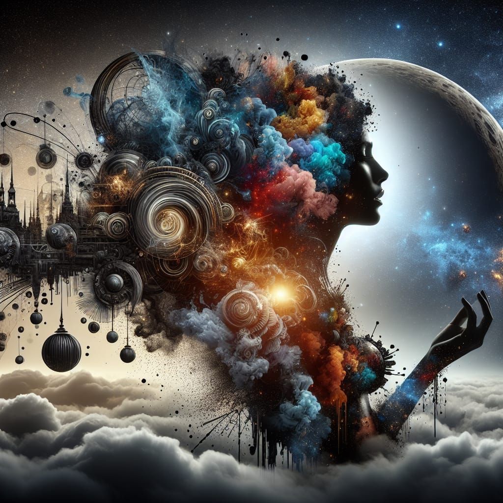 Steampunk Woman in Celestial Double Exposure Art