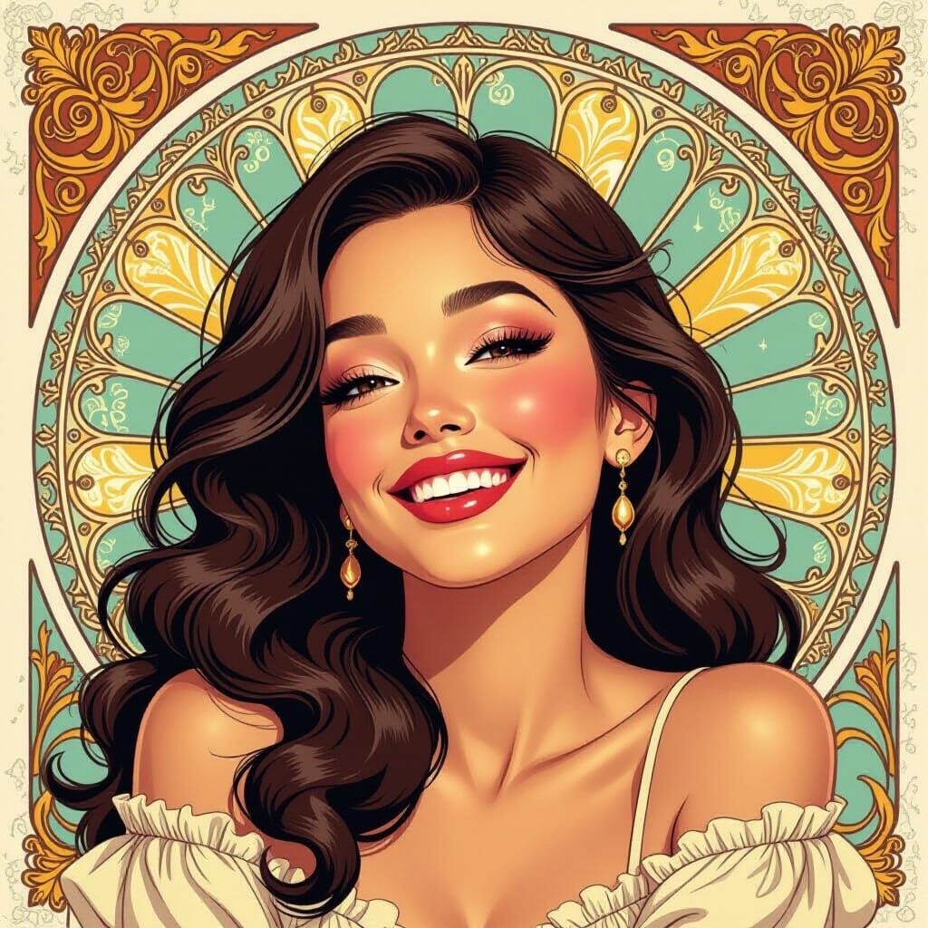 Radiant Woman Smiling in Dreamy Pastel Art Nouveau Style