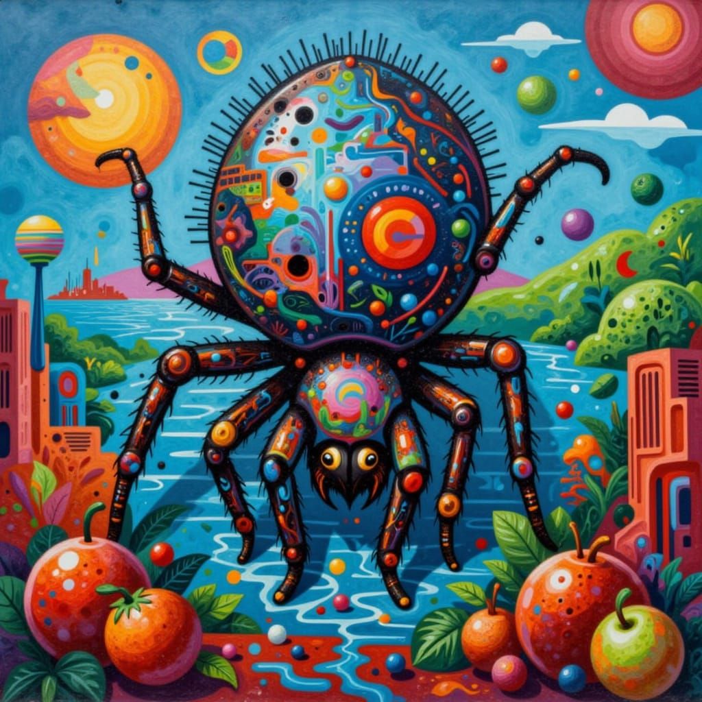 Vibrant Embossed Spider in Deep Red and Teal