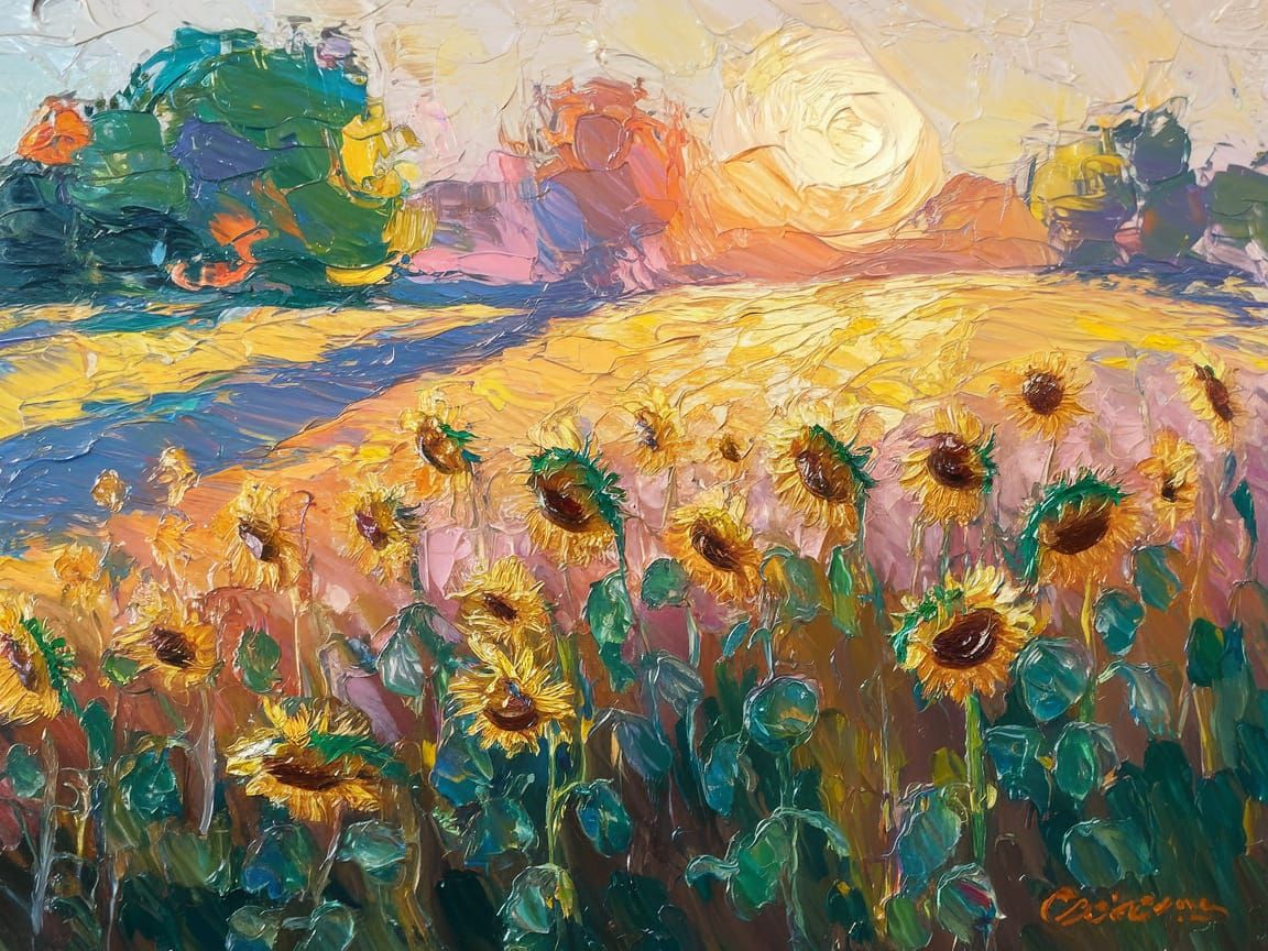 Impressionist Sunflowers in Golden Light