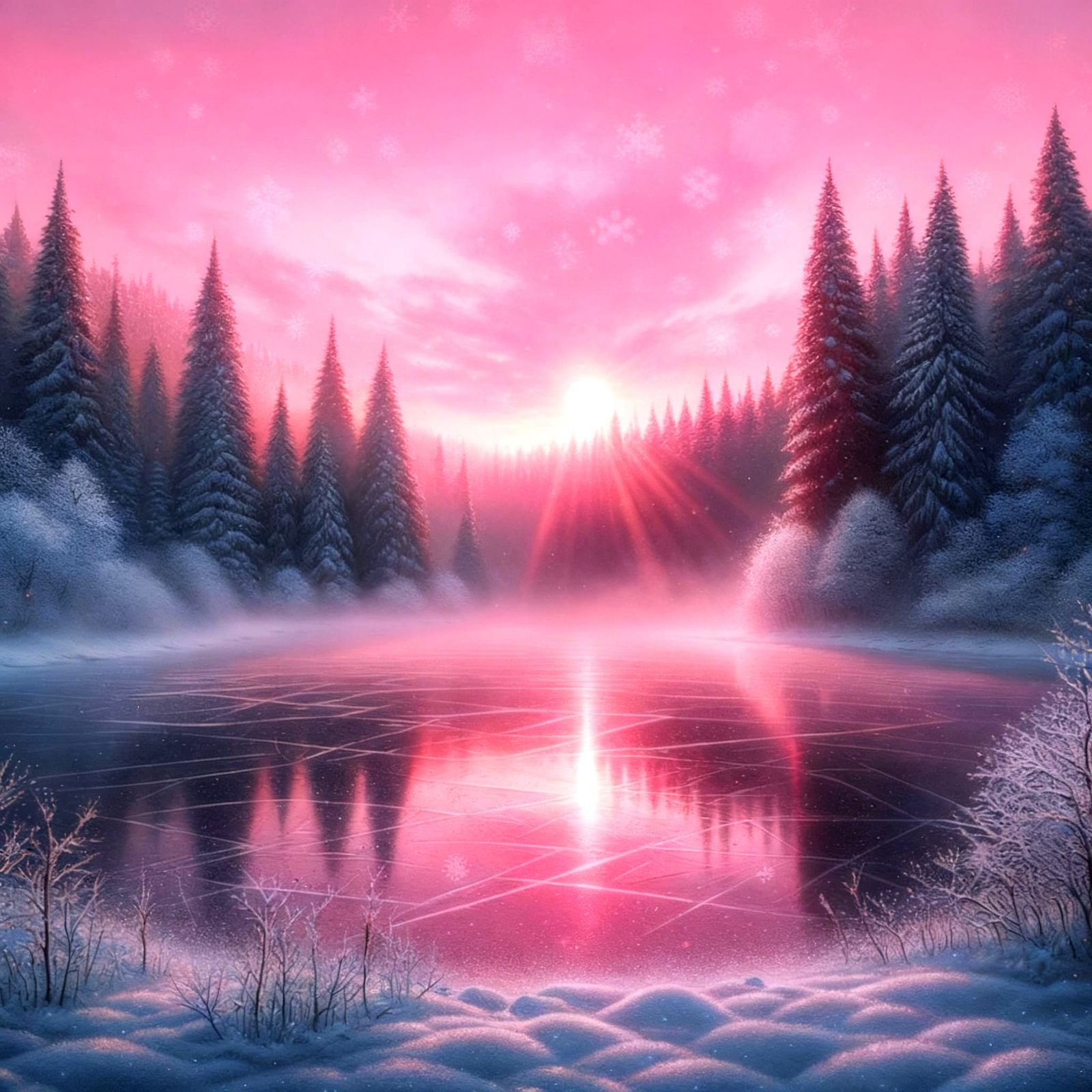 Hyperrealistic Vintage Oil Painting of Winter Sunrise