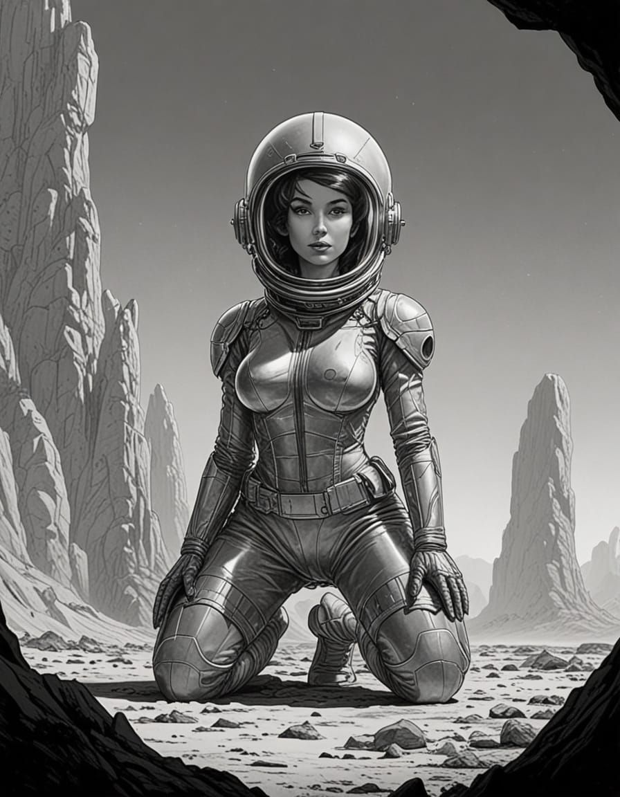 Retro Sci-Fi Pinup Explores Alien Planet in Ink Sketch Style