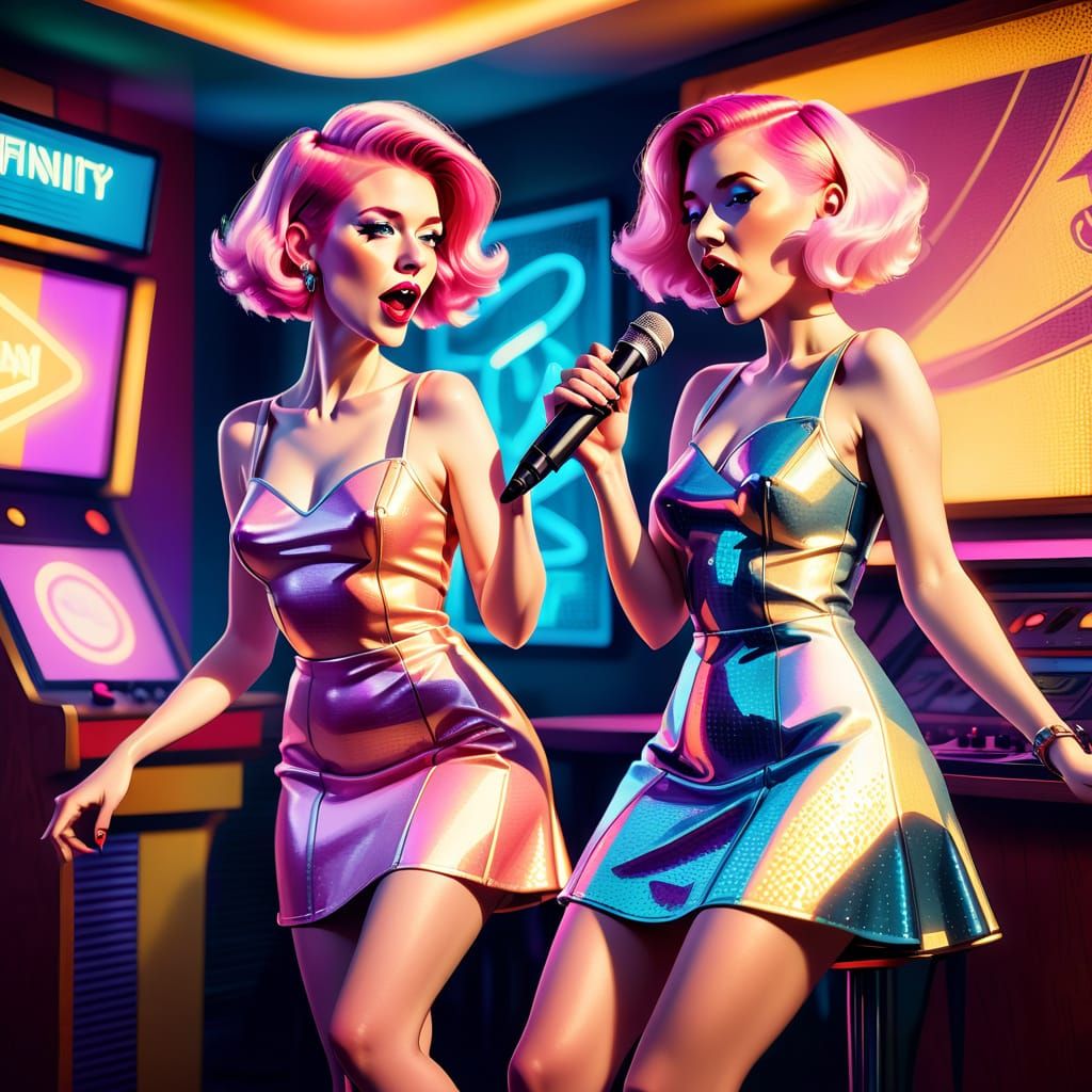 Surreal Karaoke Scene in Vibrant Cubist Style