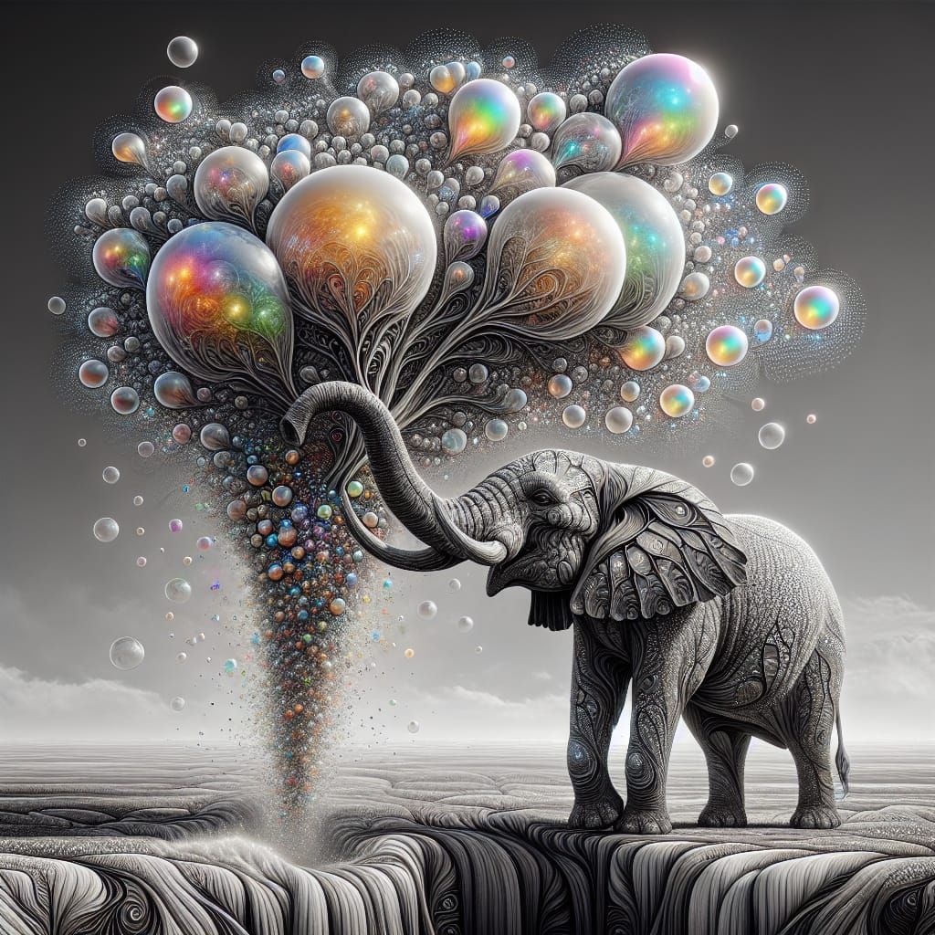 Photorealistic Elephant Creates Bubbles in Surreal Scene