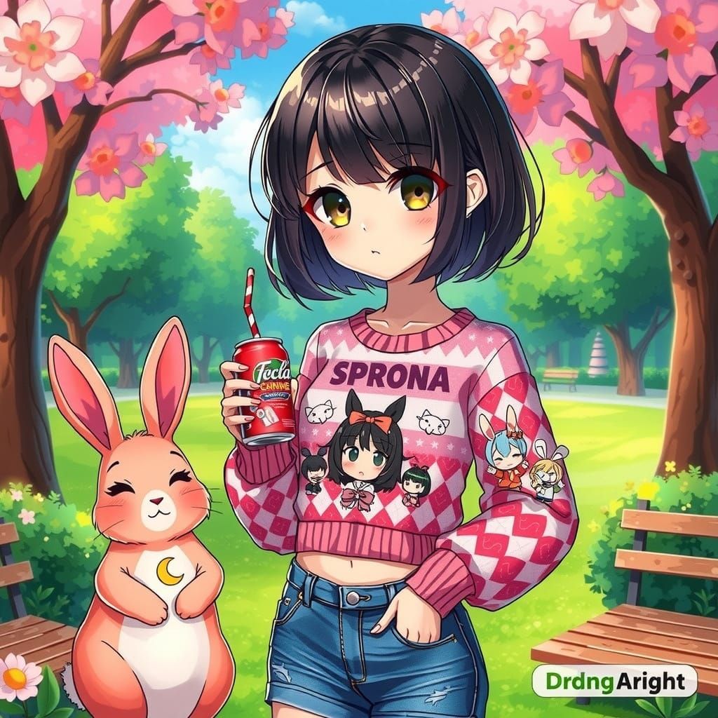 Anime Girl with Rabbit in Spring Park, Cel-Shaded Style