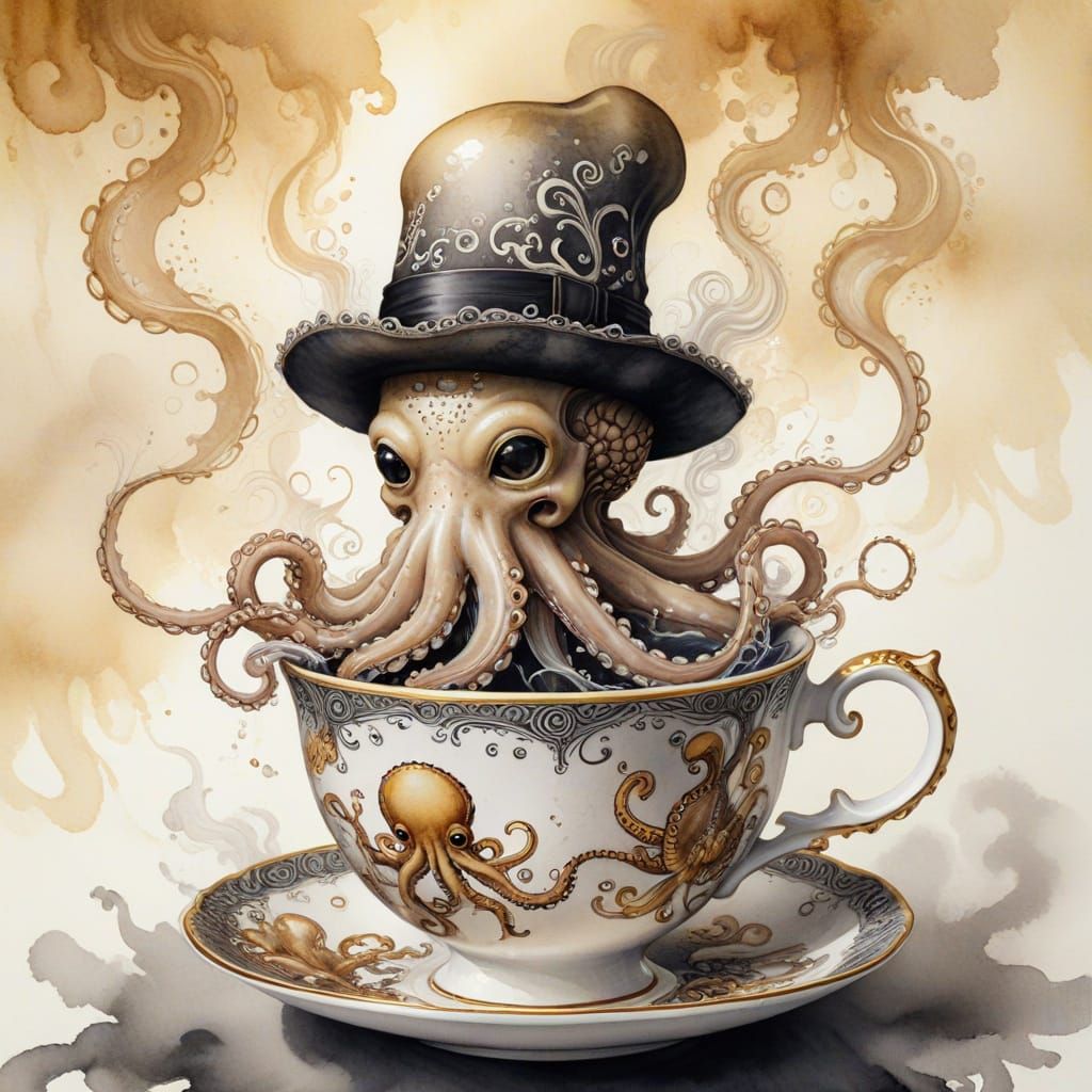 Octopus Smoking Teacup in Ink Illustration